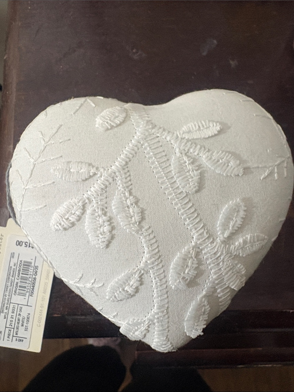 a new day White Embroidered Heart Pillow - Textured Leaf Design